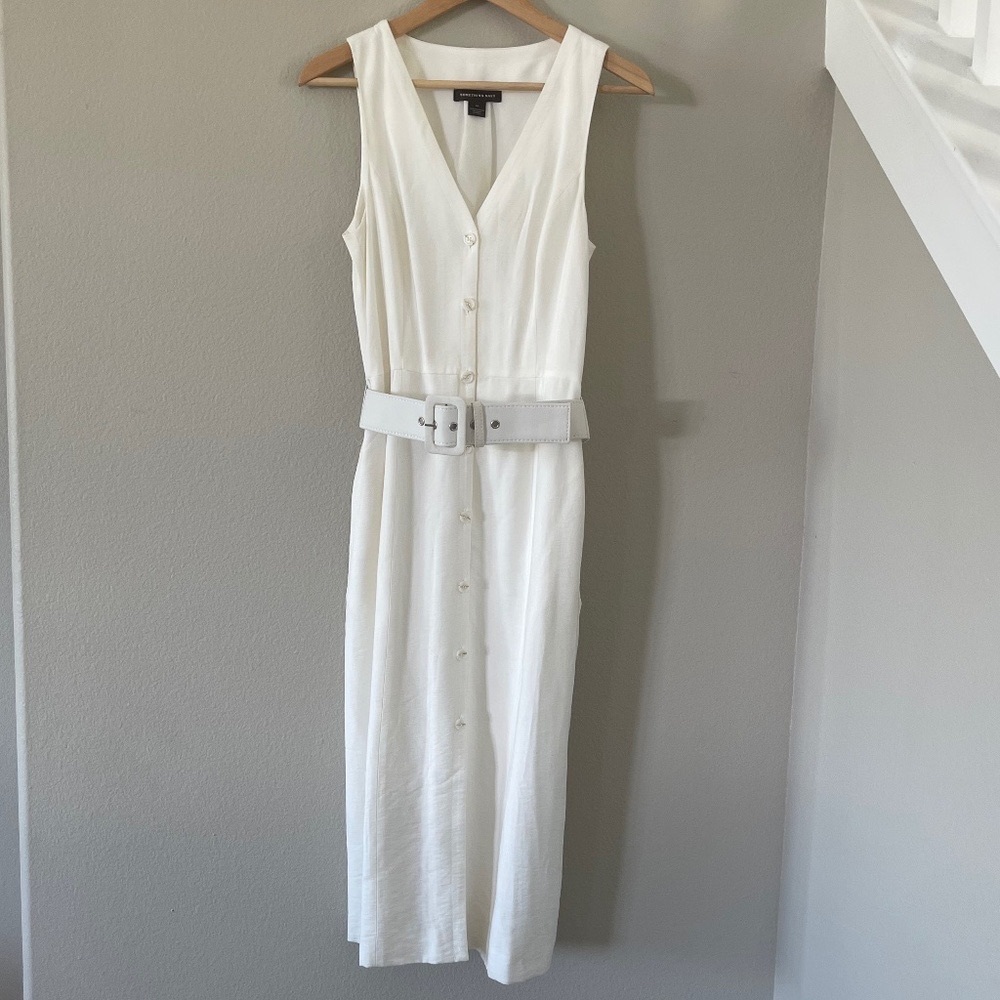 Something Navy Button Down Belted Midi Shirt Dres… - image 1